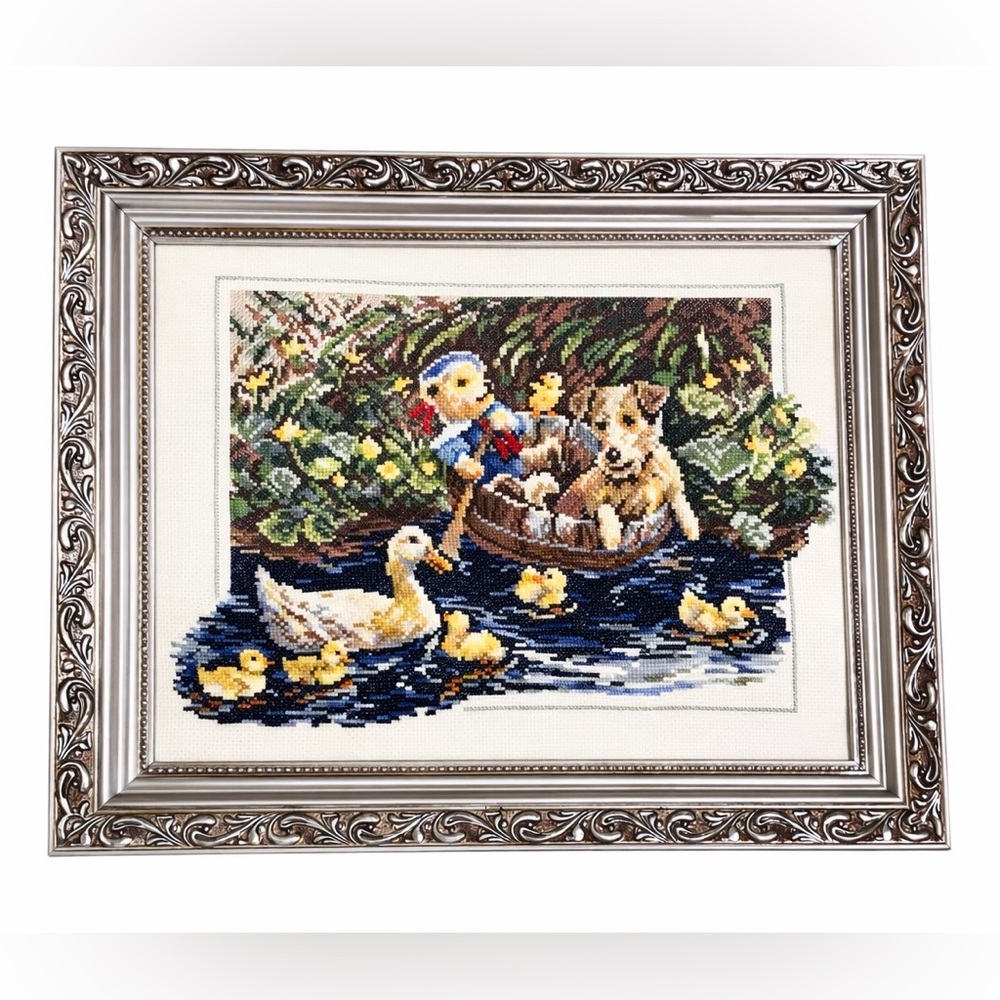 Charming Embroidered Art with Ducks and Dog